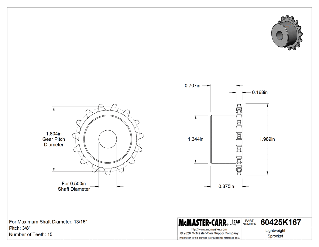 Technical Drawing of Plastic Sprocket, for Single-Strand ANSI 35 Roller Chain, 15 Teeth.
